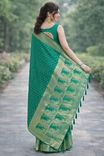 Teal green silk blend banarasi saree with unstitched blouse piece