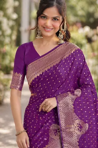 Wine soft silk banarasi jacuard work designer party wear saree with unstitched blouse piece