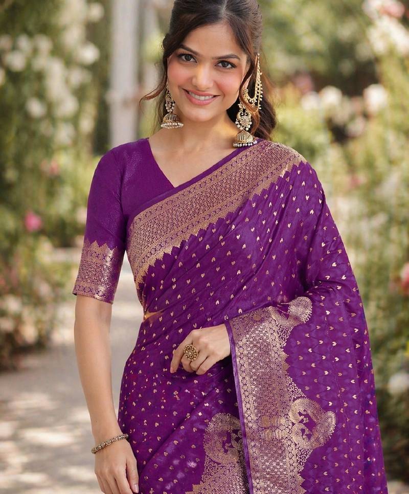 Wine soft silk banarasi jacuard work designer party wear saree with unstitched blouse piece
