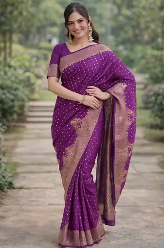 Wine silk blend banarasi saree with unstitched blouse piece