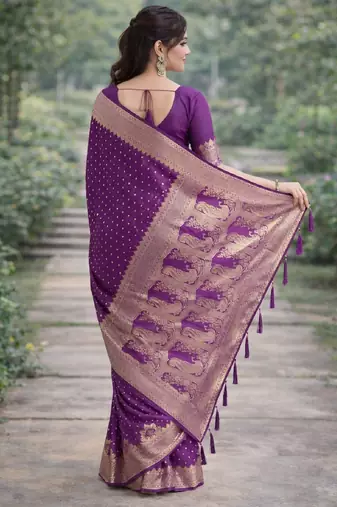 Wine silk blend banarasi saree with unstitched blouse piece