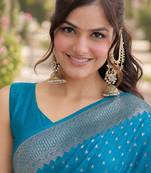 Rama silk blend banarasi saree with unstitched blouse piece