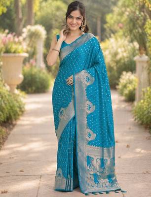 Rama silk blend banarasi saree with unstitched blouse piece 2