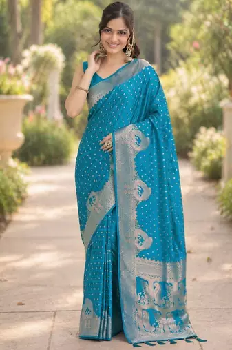 Rama silk blend banarasi saree with unstitched blouse piece