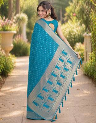 Rama silk blend banarasi saree with unstitched blouse piece 3