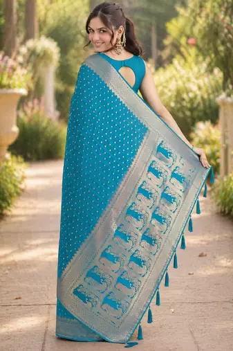 Rama silk blend banarasi saree with unstitched blouse piece