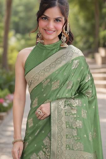 Green soft silk banarasi jacuard work designer party wear saree with unstitched blouse piece