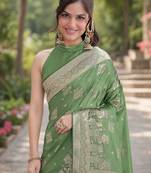 Green silk blend banarasi saree with unstitched blouse piece