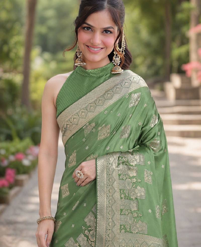 Green soft silk banarasi jacuard work designer party wear saree with unstitched blouse piece