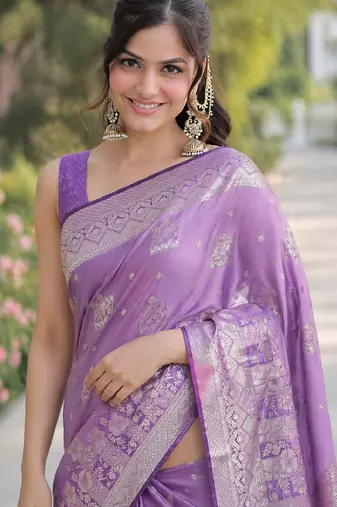 Lavender soft silk banarasi jacuard work designer party wear saree with unstitched blouse piece