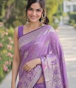 Lavender silk blend banarasi saree with unstitched blouse piece