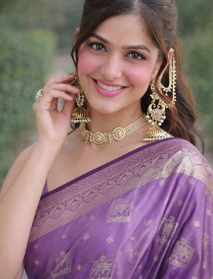 Lavender silk blend banarasi saree with unstitched blouse piece 2