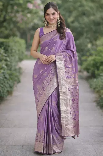 Lavender silk blend banarasi saree with unstitched blouse piece