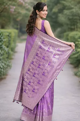 Lavender silk blend banarasi saree with unstitched blouse piece