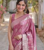 Purple silk blend banarasi saree with unstitched blouse piece