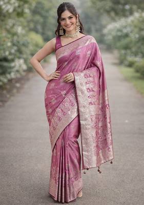 Purple silk blend banarasi saree with unstitched blouse piece 3