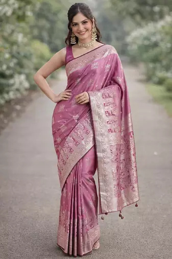 Purple silk blend banarasi saree with unstitched blouse piece