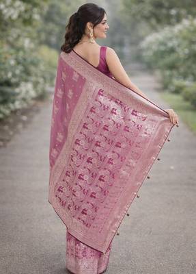Purple silk blend banarasi saree with unstitched blouse piece 4