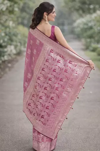 Purple silk blend banarasi saree with unstitched blouse piece