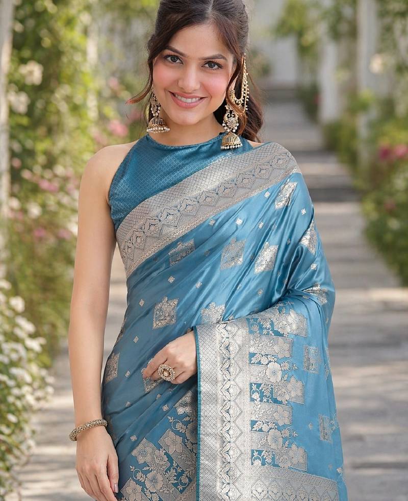 Rama soft silk banarasi jacuard work designer party wear saree with unstitched blouse piece