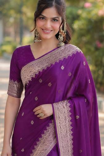 Wine soft silk banarasi jacuard work designer party wear saree with unstitched blouse piece
