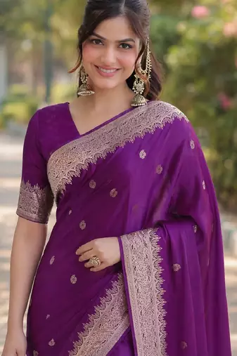 Wine soft silk banarasi jacuard work designer party wear saree with unstitched blouse piece