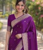 Wine silk blend banarasi saree with unstitched blouse piece