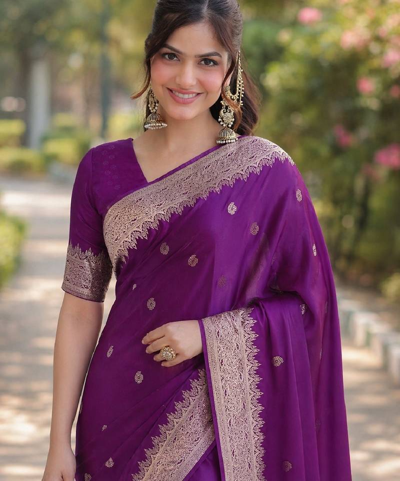 Wine soft silk banarasi jacuard work designer party wear saree with unstitched blouse piece