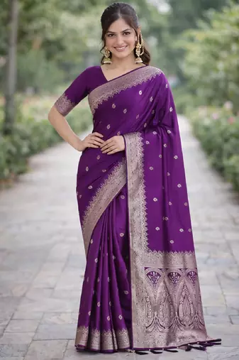 Wine silk blend banarasi saree with unstitched blouse piece