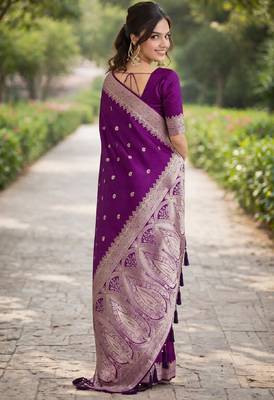 Wine silk blend banarasi saree with unstitched blouse piece 4