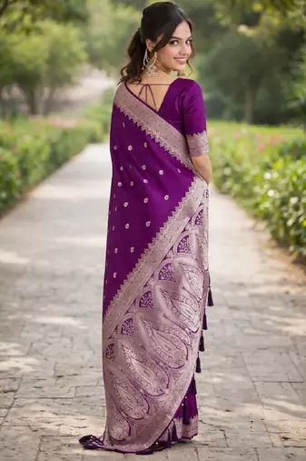 Wine silk blend banarasi saree with unstitched blouse piece