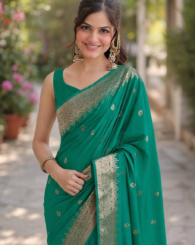 Teal green soft silk banarasi jacuard work designer party wear saree with unstitched blouse piece