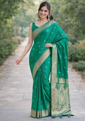 Teal green silk blend banarasi saree with unstitched blouse piece 3