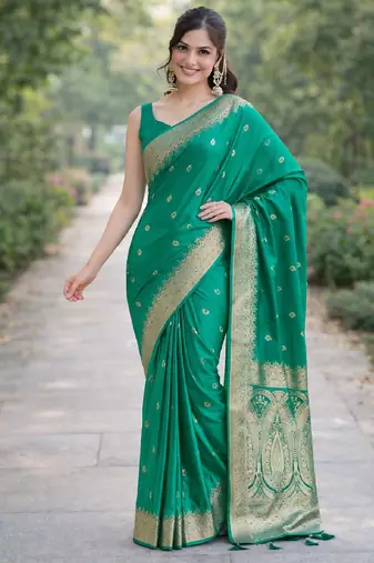 Teal green silk blend banarasi saree with unstitched blouse piece