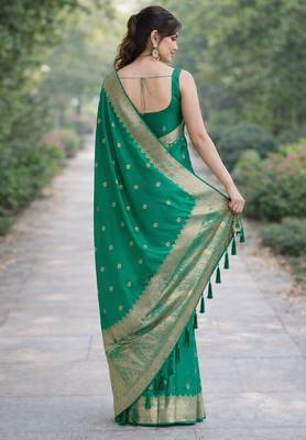 Teal green silk blend banarasi saree with unstitched blouse piece 4