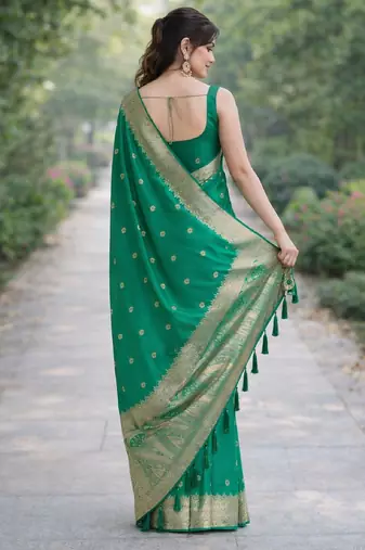 Teal green silk blend banarasi saree with unstitched blouse piece