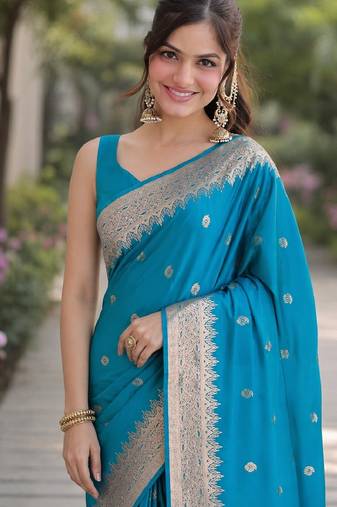 Rama soft silk blend banarasi jacuard work designer party wear saree with unstitched blouse piece