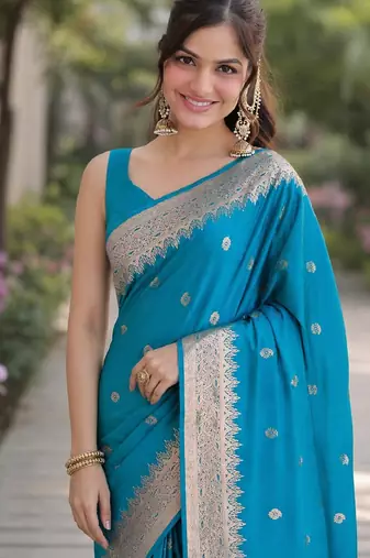 Rama soft silk banarasi jacuard work designer party wear saree with unstitched blouse piece