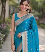 Rama silk blend banarasi saree with unstitched blouse piece