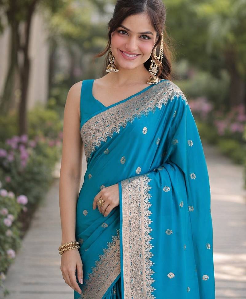 Rama soft silk banarasi jacuard work designer party wear saree with unstitched blouse piece