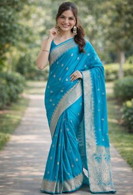 Rama silk blend banarasi saree with unstitched blouse piece 3