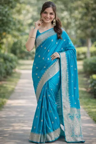 Rama silk blend banarasi saree with unstitched blouse piece