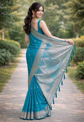 Rama silk blend banarasi saree with unstitched blouse piece 4
