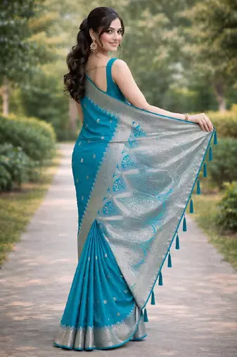 Rama silk blend banarasi saree with unstitched blouse piece