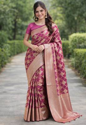 Onion silk blend banarasi saree with unstitched blouse piece 3