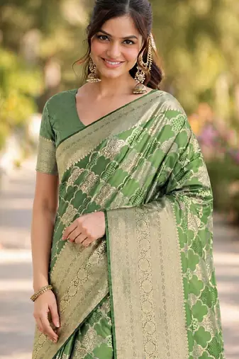 Mehendi soft silk banarasi jacuard work designer party wear saree with unstitched blouse piece