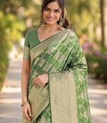 Mehendi silk blend banarasi saree with unstitched blouse piece