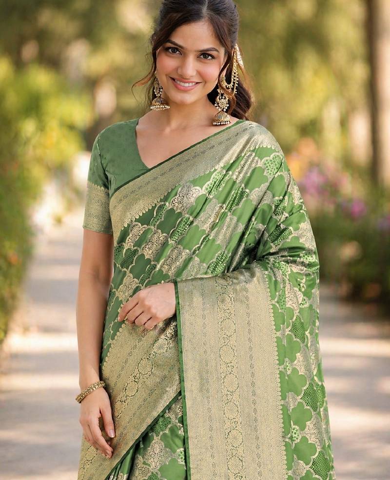 Mehendi soft silk banarasi jacuard work designer party wear saree with unstitched blouse piece