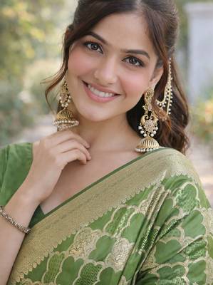 Mehendi silk blend banarasi saree with unstitched blouse piece 2