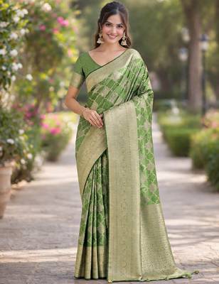 Mehendi silk blend banarasi saree with unstitched blouse piece 3